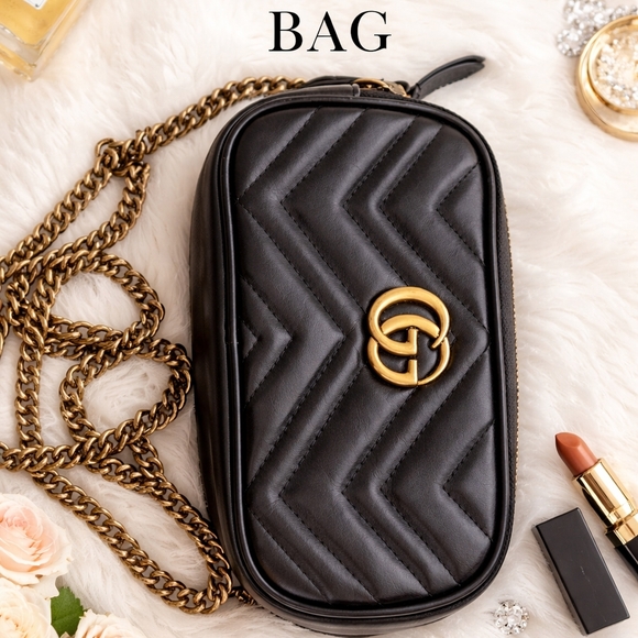 Gucci Black Chevron Crossbody Bag with Gold Chain - Picture 2 of 6